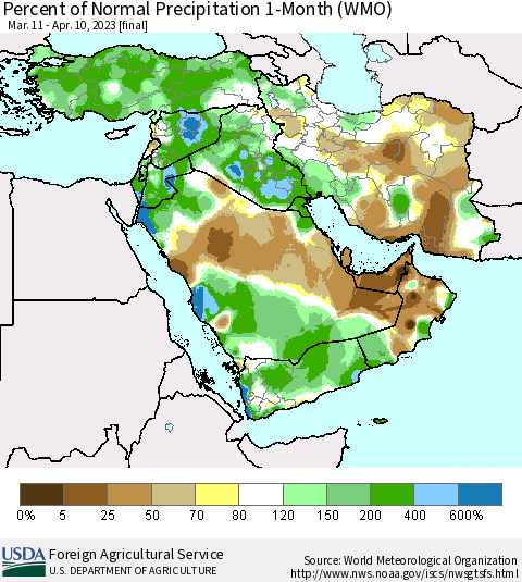 Middle East and Turkey Percent of Normal Precipitation 1-Month (WMO) Thematic Map For 3/11/2023 - 4/10/2023