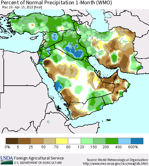 Middle East and Turkey Percent of Normal Precipitation 1-Month (WMO) Thematic Map For 3/16/2023 - 4/15/2023