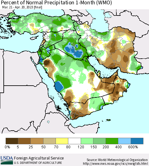 Middle East and Turkey Percent of Normal Precipitation 1-Month (WMO) Thematic Map For 3/21/2023 - 4/20/2023