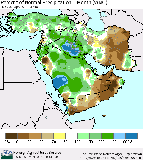 Middle East and Turkey Percent of Normal Precipitation 1-Month (WMO) Thematic Map For 3/26/2023 - 4/25/2023