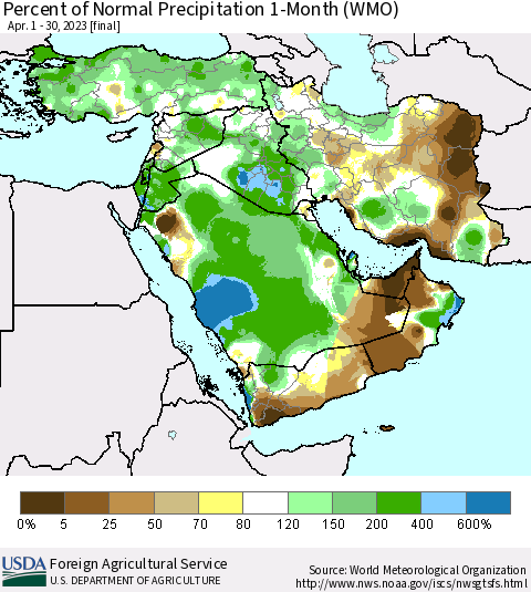 Middle East and Turkey Percent of Normal Precipitation 1-Month (WMO) Thematic Map For 4/1/2023 - 4/30/2023