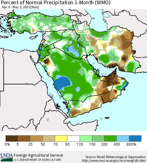 Middle East and Turkey Percent of Normal Precipitation 1-Month (WMO) Thematic Map For 4/6/2023 - 5/5/2023