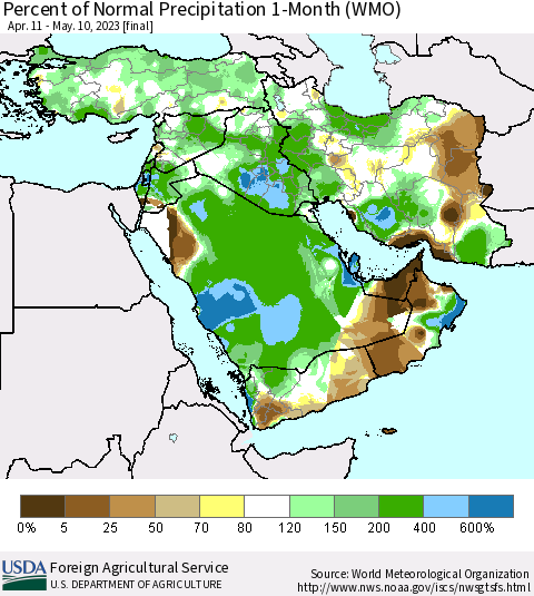 Middle East and Turkey Percent of Normal Precipitation 1-Month (WMO) Thematic Map For 4/11/2023 - 5/10/2023