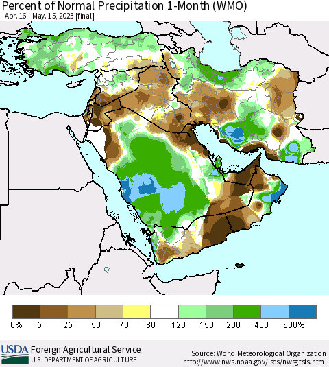 Middle East and Turkey Percent of Normal Precipitation 1-Month (WMO) Thematic Map For 4/16/2023 - 5/15/2023