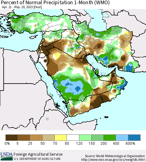 Middle East and Turkey Percent of Normal Precipitation 1-Month (WMO) Thematic Map For 4/21/2023 - 5/20/2023