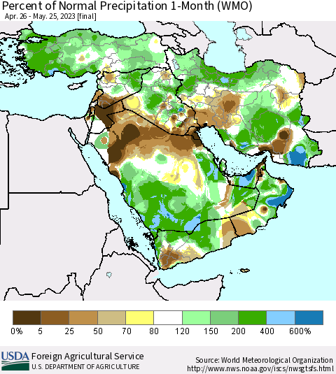 Middle East and Turkey Percent of Normal Precipitation 1-Month (WMO) Thematic Map For 4/26/2023 - 5/25/2023
