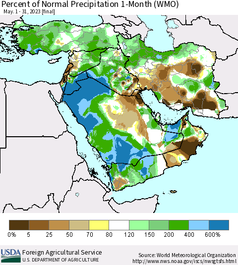Middle East and Turkey Percent of Normal Precipitation 1-Month (WMO) Thematic Map For 5/1/2023 - 5/31/2023