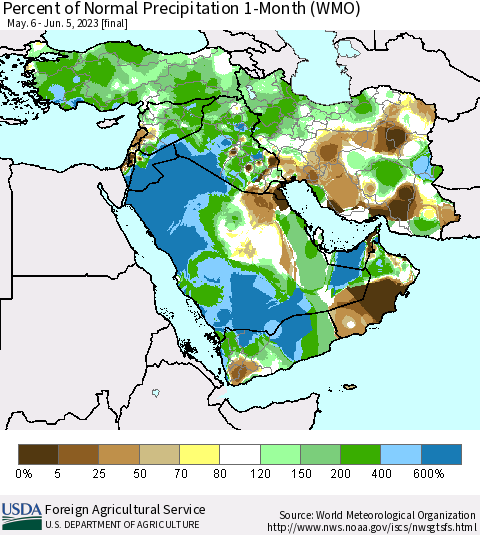 Middle East and Turkey Percent of Normal Precipitation 1-Month (WMO) Thematic Map For 5/6/2023 - 6/5/2023