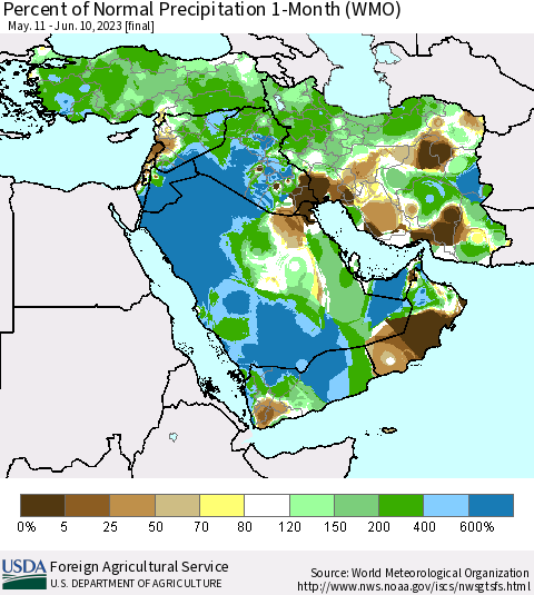 Middle East and Turkey Percent of Normal Precipitation 1-Month (WMO) Thematic Map For 5/11/2023 - 6/10/2023