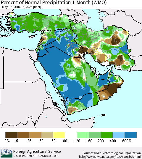 Middle East and Turkey Percent of Normal Precipitation 1-Month (WMO) Thematic Map For 5/16/2023 - 6/15/2023