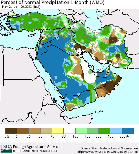 Middle East and Turkey Percent of Normal Precipitation 1-Month (WMO) Thematic Map For 5/21/2023 - 6/20/2023