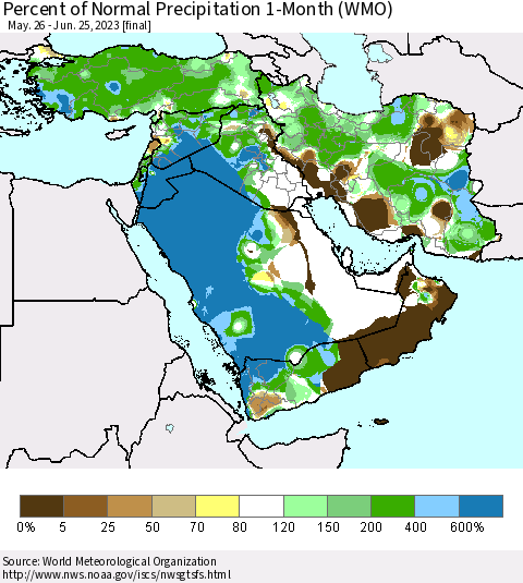 Middle East and Turkey Percent of Normal Precipitation 1-Month (WMO) Thematic Map For 5/26/2023 - 6/25/2023