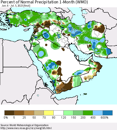 Middle East and Turkey Percent of Normal Precipitation 1-Month (WMO) Thematic Map For 6/6/2023 - 7/5/2023