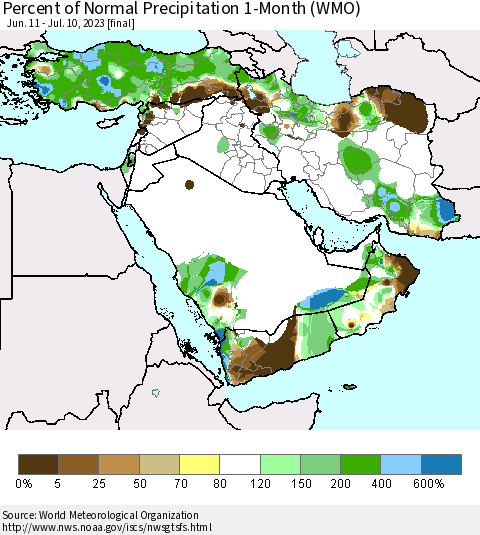 Middle East and Turkey Percent of Normal Precipitation 1-Month (WMO) Thematic Map For 6/11/2023 - 7/10/2023