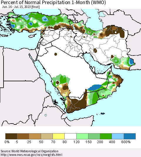 Middle East and Turkey Percent of Normal Precipitation 1-Month (WMO) Thematic Map For 6/16/2023 - 7/15/2023