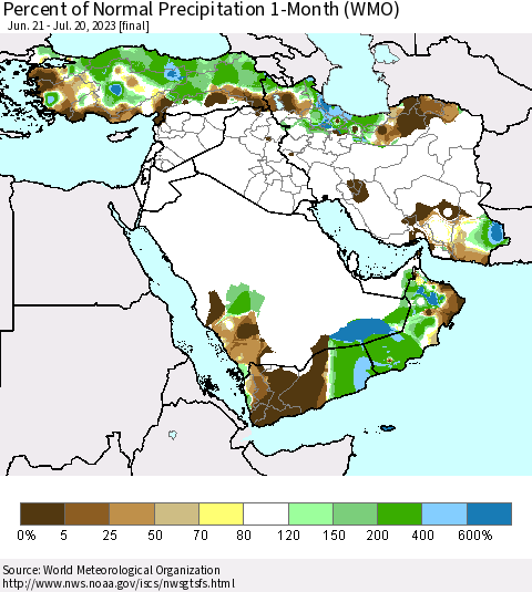 Middle East and Turkey Percent of Normal Precipitation 1-Month (WMO) Thematic Map For 6/21/2023 - 7/20/2023
