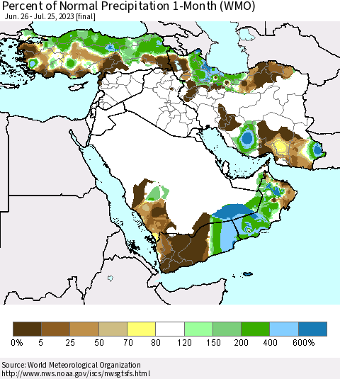 Middle East and Turkey Percent of Normal Precipitation 1-Month (WMO) Thematic Map For 6/26/2023 - 7/25/2023