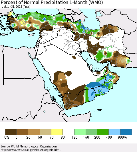 Middle East and Turkey Percent of Normal Precipitation 1-Month (WMO) Thematic Map For 7/1/2023 - 7/31/2023