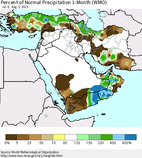 Middle East and Turkey Percent of Normal Precipitation 1-Month (WMO) Thematic Map For 7/6/2023 - 8/5/2023