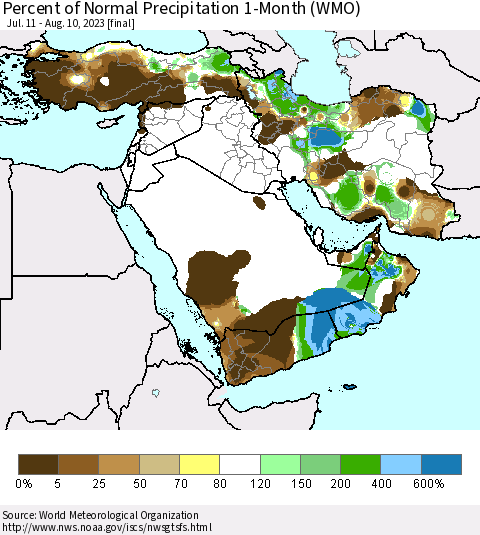 Middle East and Turkey Percent of Normal Precipitation 1-Month (WMO) Thematic Map For 7/11/2023 - 8/10/2023