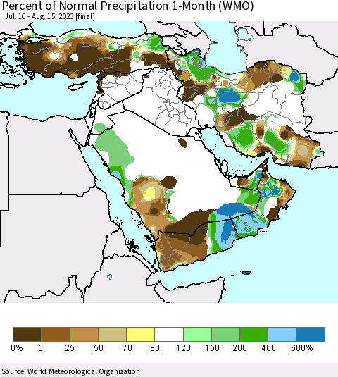 Middle East and Turkey Percent of Normal Precipitation 1-Month (WMO) Thematic Map For 7/16/2023 - 8/15/2023