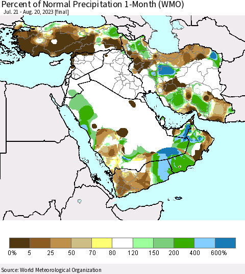 Middle East and Turkey Percent of Normal Precipitation 1-Month (WMO) Thematic Map For 7/21/2023 - 8/20/2023