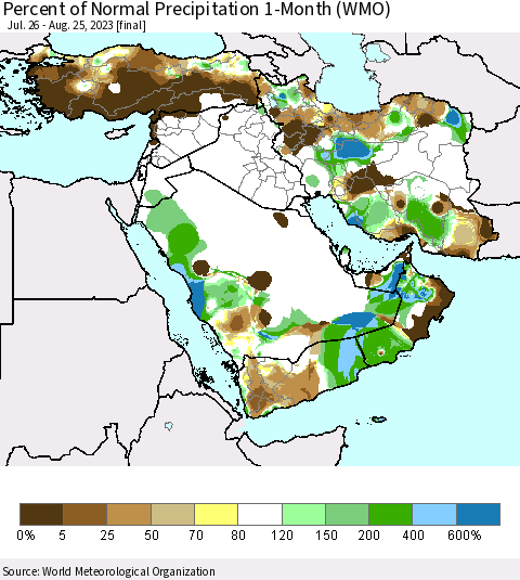 Middle East and Turkey Percent of Normal Precipitation 1-Month (WMO) Thematic Map For 7/26/2023 - 8/25/2023
