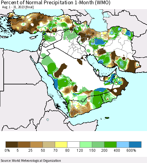 Middle East and Turkey Percent of Normal Precipitation 1-Month (WMO) Thematic Map For 8/1/2023 - 8/31/2023