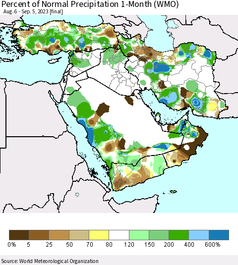 Middle East and Turkey Percent of Normal Precipitation 1-Month (WMO) Thematic Map For 8/6/2023 - 9/5/2023