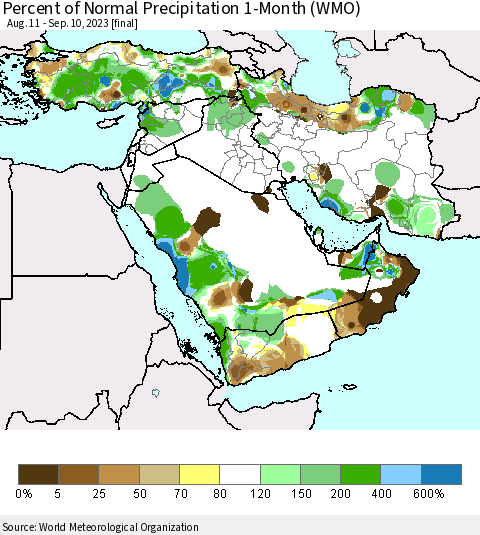 Middle East and Turkey Percent of Normal Precipitation 1-Month (WMO) Thematic Map For 8/11/2023 - 9/10/2023