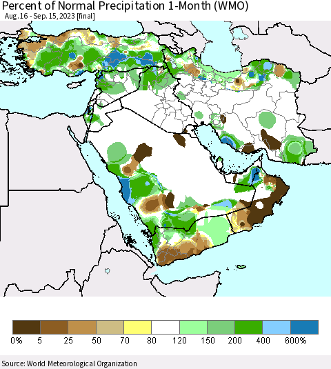 Middle East and Turkey Percent of Normal Precipitation 1-Month (WMO) Thematic Map For 8/16/2023 - 9/15/2023