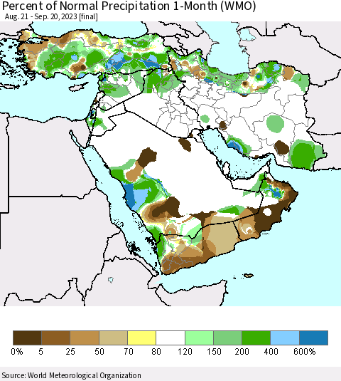 Middle East and Turkey Percent of Normal Precipitation 1-Month (WMO) Thematic Map For 8/21/2023 - 9/20/2023