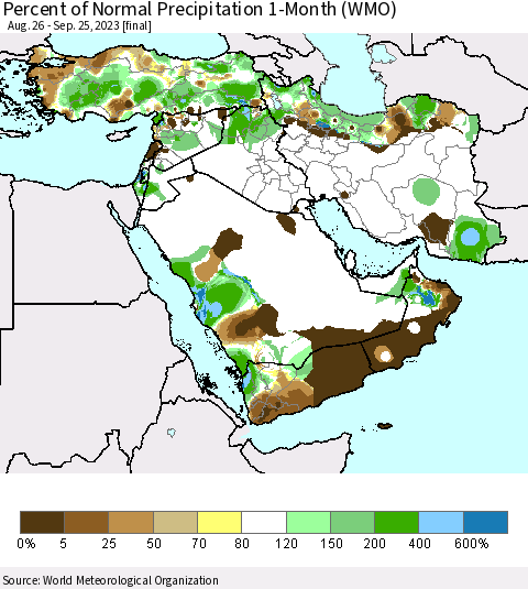 Middle East and Turkey Percent of Normal Precipitation 1-Month (WMO) Thematic Map For 8/26/2023 - 9/25/2023