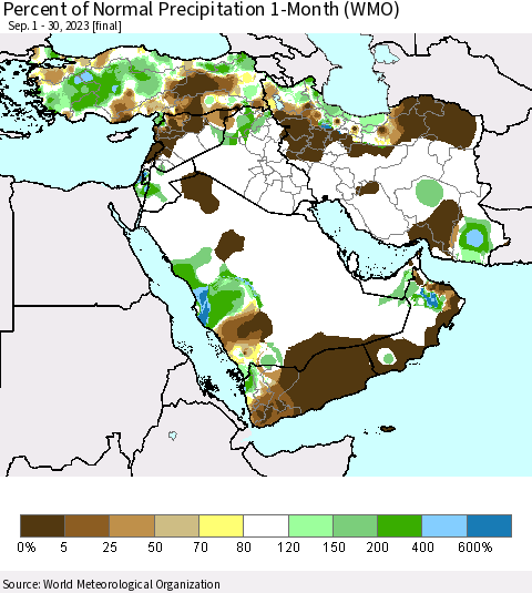Middle East and Turkey Percent of Normal Precipitation 1-Month (WMO) Thematic Map For 9/1/2023 - 9/30/2023
