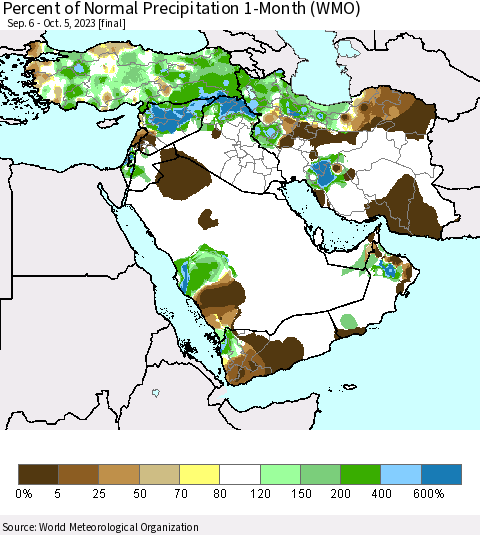 Middle East and Turkey Percent of Normal Precipitation 1-Month (WMO) Thematic Map For 9/6/2023 - 10/5/2023