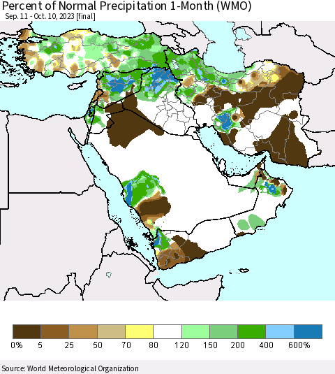 Middle East and Turkey Percent of Normal Precipitation 1-Month (WMO) Thematic Map For 9/11/2023 - 10/10/2023