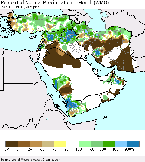 Middle East and Turkey Percent of Normal Precipitation 1-Month (WMO) Thematic Map For 9/16/2023 - 10/15/2023