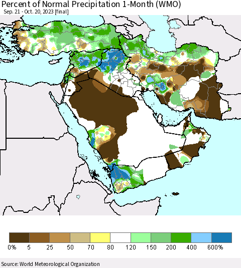 Middle East and Turkey Percent of Normal Precipitation 1-Month (WMO) Thematic Map For 9/21/2023 - 10/20/2023