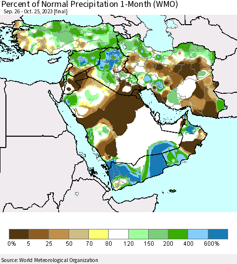 Middle East and Turkey Percent of Normal Precipitation 1-Month (WMO) Thematic Map For 9/26/2023 - 10/25/2023