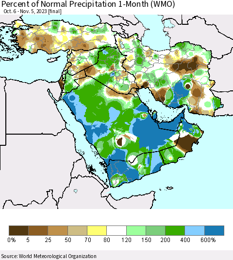 Middle East and Turkey Percent of Normal Precipitation 1-Month (WMO) Thematic Map For 10/6/2023 - 11/5/2023