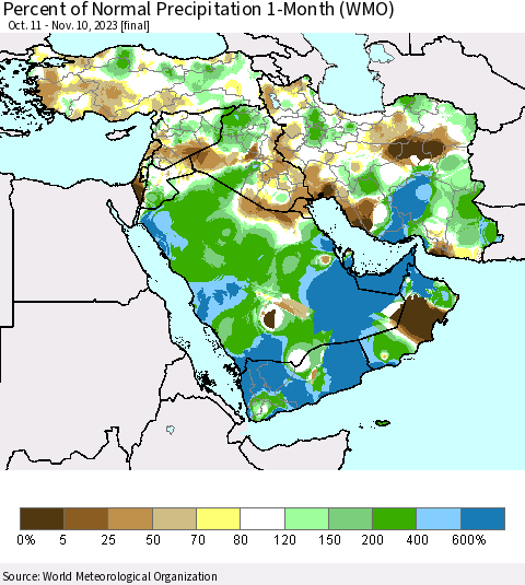 Middle East and Turkey Percent of Normal Precipitation 1-Month (WMO) Thematic Map For 10/11/2023 - 11/10/2023