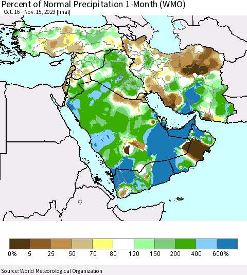 Middle East and Turkey Percent of Normal Precipitation 1-Month (WMO) Thematic Map For 10/16/2023 - 11/15/2023