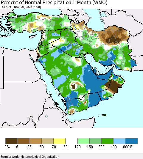 Middle East and Turkey Percent of Normal Precipitation 1-Month (WMO) Thematic Map For 10/21/2023 - 11/20/2023
