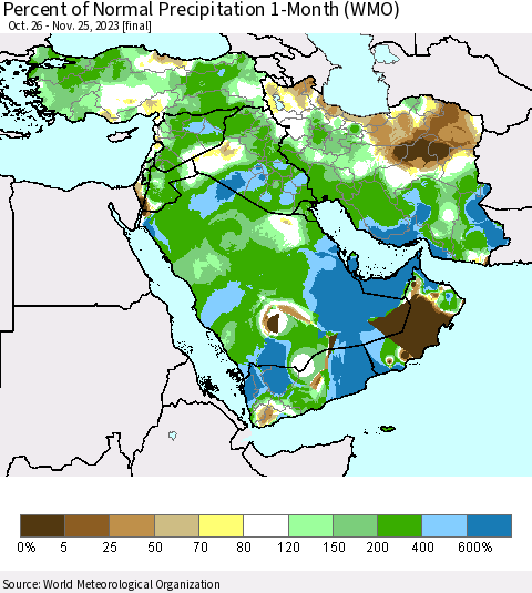 Middle East and Turkey Percent of Normal Precipitation 1-Month (WMO) Thematic Map For 10/26/2023 - 11/25/2023