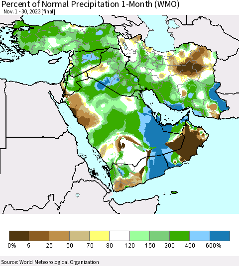 Middle East and Turkey Percent of Normal Precipitation 1-Month (WMO) Thematic Map For 11/1/2023 - 11/30/2023