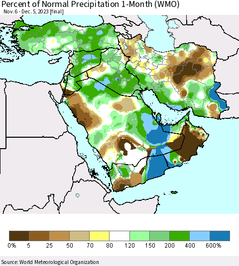 Middle East and Turkey Percent of Normal Precipitation 1-Month (WMO) Thematic Map For 11/6/2023 - 12/5/2023