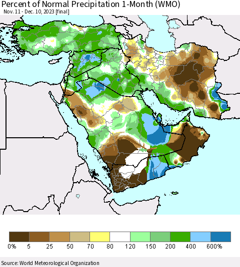 Middle East and Turkey Percent of Normal Precipitation 1-Month (WMO) Thematic Map For 11/11/2023 - 12/10/2023