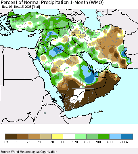 Middle East and Turkey Percent of Normal Precipitation 1-Month (WMO) Thematic Map For 11/16/2023 - 12/15/2023