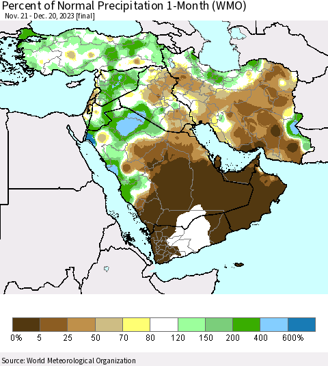 Middle East and Turkey Percent of Normal Precipitation 1-Month (WMO) Thematic Map For 11/21/2023 - 12/20/2023