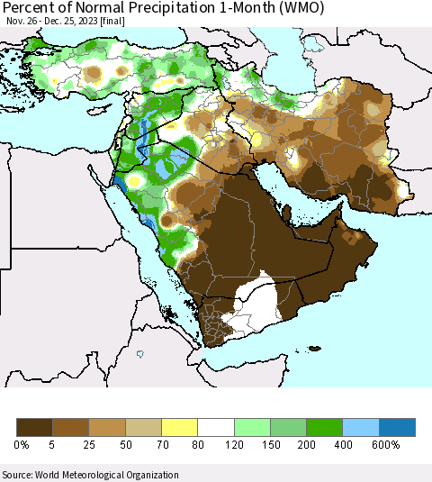 Middle East and Turkey Percent of Normal Precipitation 1-Month (WMO) Thematic Map For 11/26/2023 - 12/25/2023